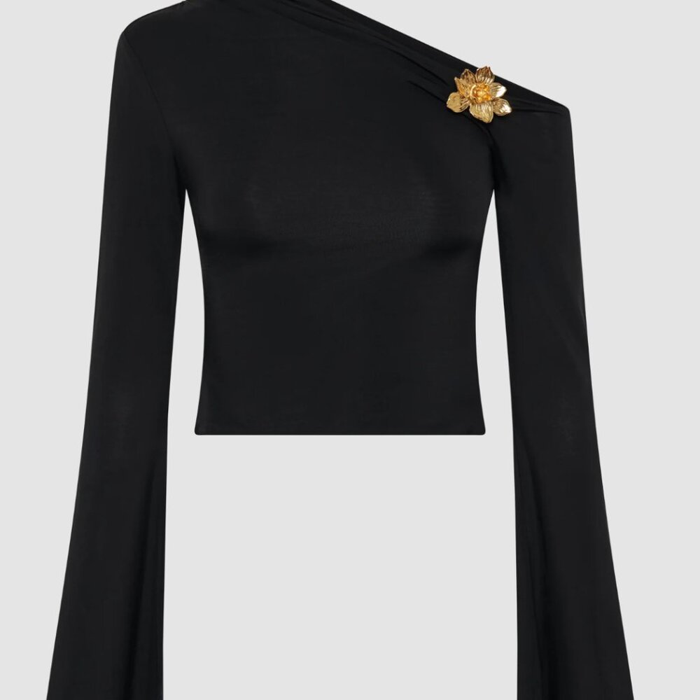 Meshki Ainsley Asymmetrical Long Sleeve Top With Floral Hardware - Black - Picture 5 of 6